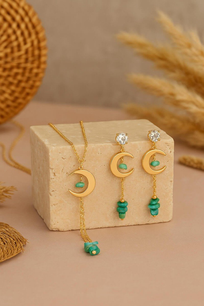 conjunto colar e brinco pedra verde natural conjunto colar e brinco ouro 18k conjunto de colar e brinco folheado