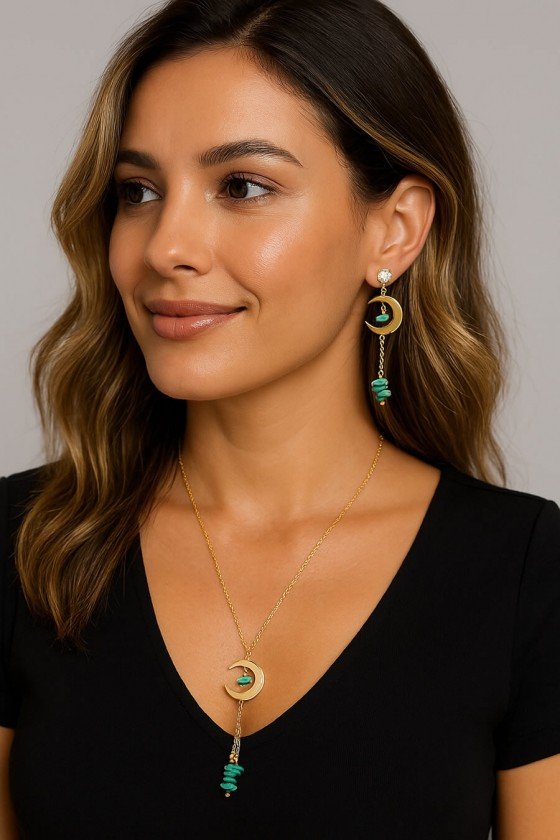 conjunto colar e brinco pingente lua ouro 18k semijoia sweet lucy presente para namorada joias conjunto colar e brinco semi joia
