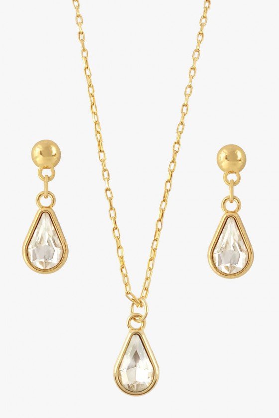 Conjunto Brinco Colar Pingente Gotinha Cristal Dourado presente dia das mães